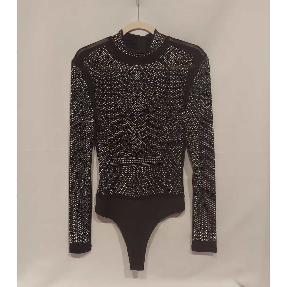 Day G Womens Black Sheer Mesh Sparkly Rhinestone Night Out Bodysuit Size Large